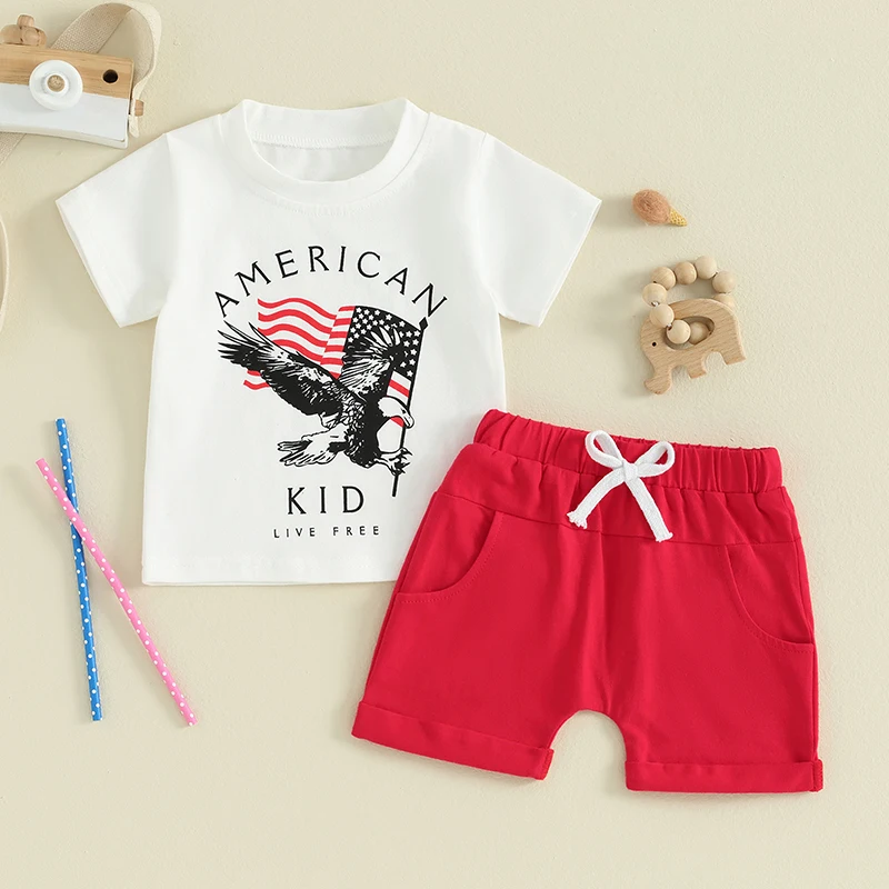 

2024-02-18 Lioraitiin 0-3Y Toddler Baby Boys 4th of July Clothes Set Short Sleeve Letters Eagle Print T-shirt with Shorts Outfit