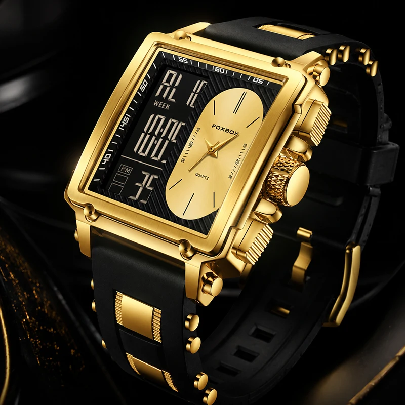 

FOXBOX New Men Watch Fashion Analog Digital Dual Display Watch For Men Square Gold LED Quartz Wristwatches Clock Reloj Hombre