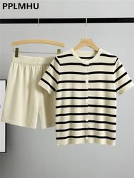 Summer Striped Ice Silk Knit Tshirt Sets Women Casual Single Breasted Cardigan Tee Tops Conjunto High Waist Baggy Shorts Outfits