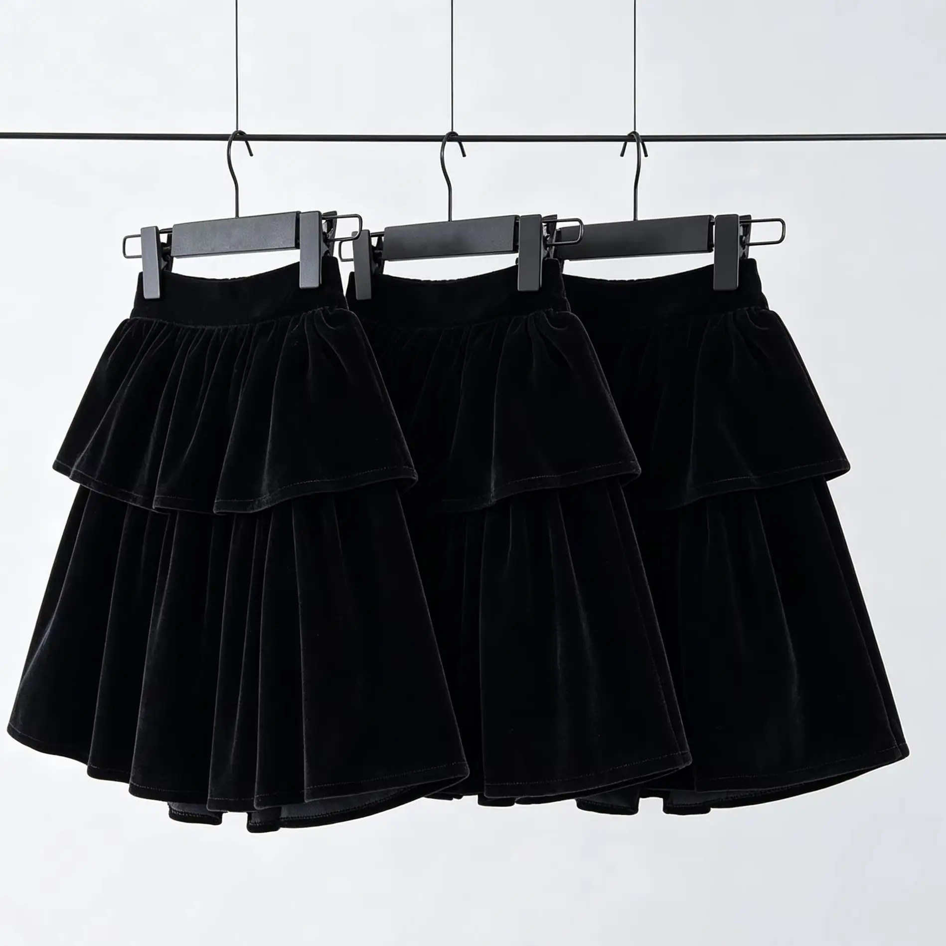 Girls Black Velvet Tiered Ruffle Short Skirt Double‑Layer Elastic Waist Fall Winter Casual Birthday Party Children Outfits 4‑12Y
