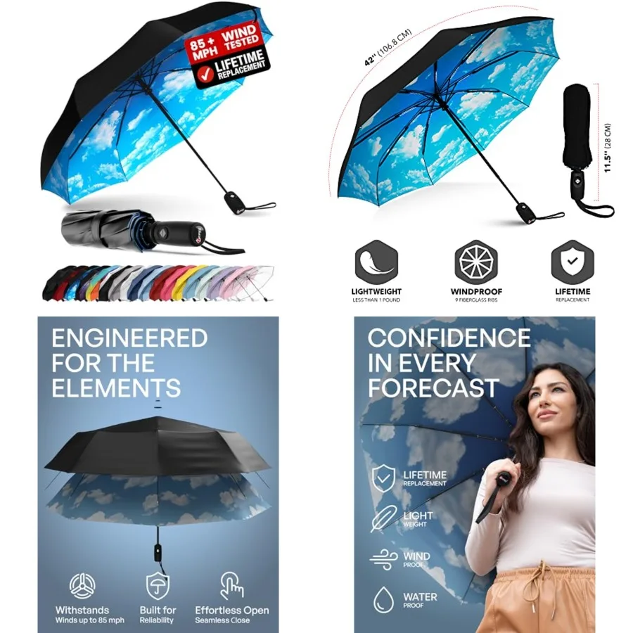 

REPEL Windproof Travel Umbrella - Compact Withstands Winds up to 85MPH, Strongest Premium Auto Folding Umbrella for Rain and Su
