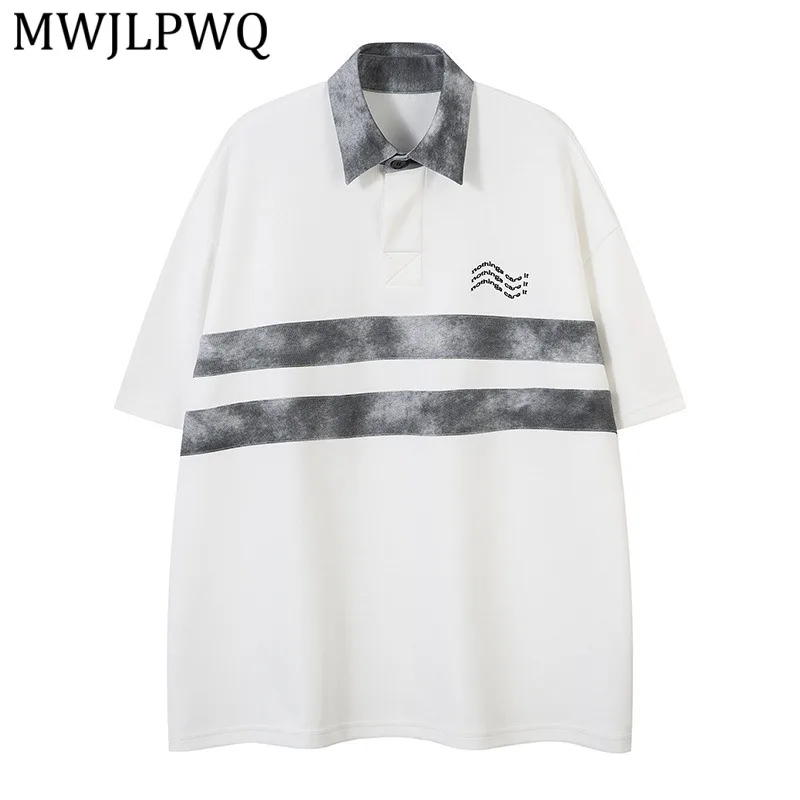 

Мужская свободная рубашка MWJLPWQ в полоску с цветовыми блоками, летняя, в американском уличном стиле, с отложным воротником, повседневная, 14353