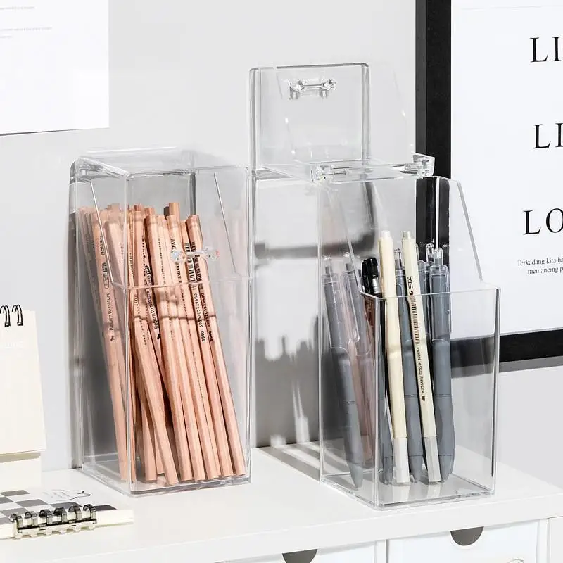 Flip-Top Clear Makeup Brush Holder Cosmetic Storage Box Dust-Proof Desktop Organizer For Brushes And Accessories