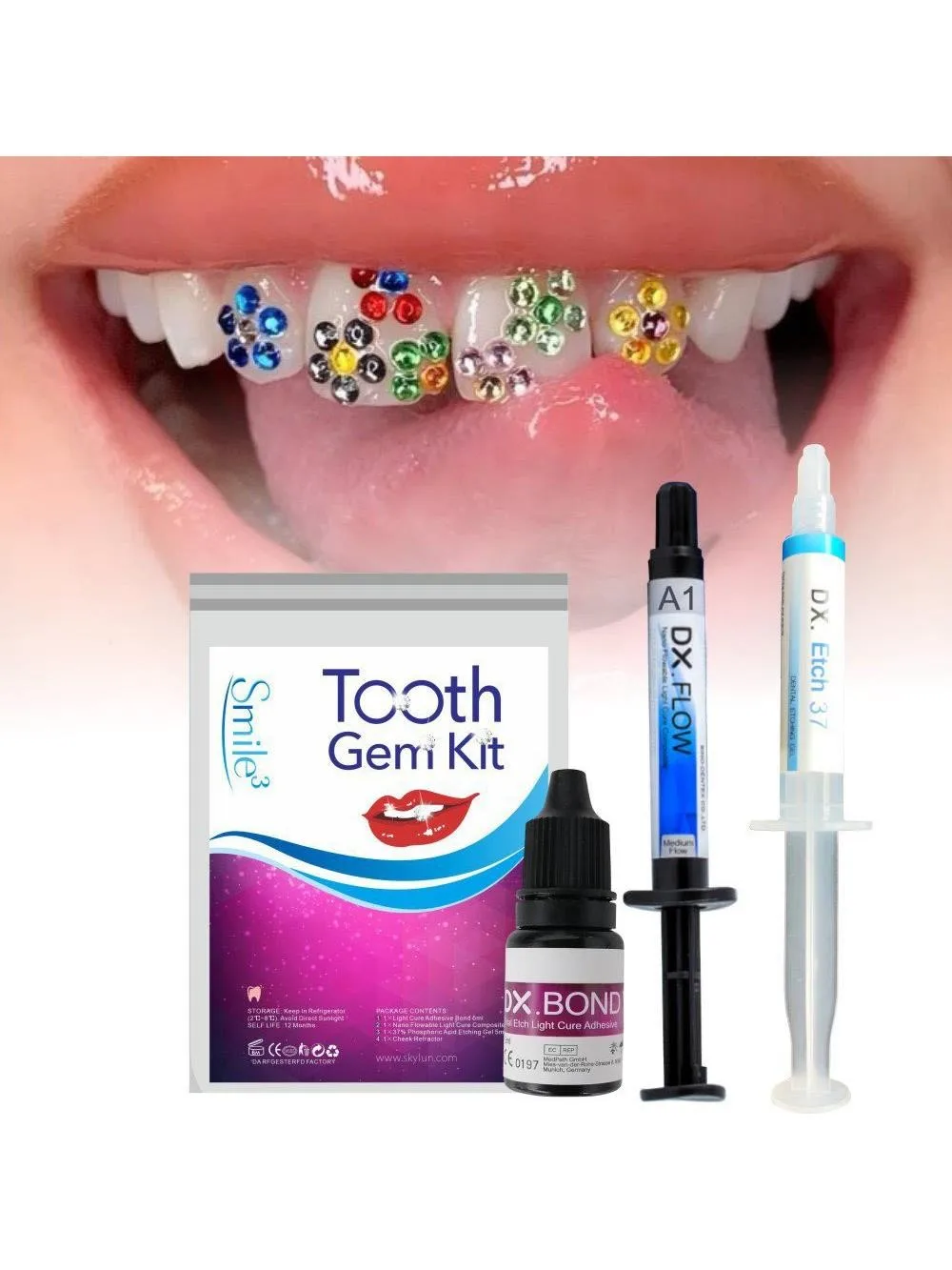 Kit de pierres précieuses dentaires avec lumière et colle, bijoux dentaires, bricolage, cristaux de diamant, ornement, résine auto-gravure, Gel adhésif orthodontique