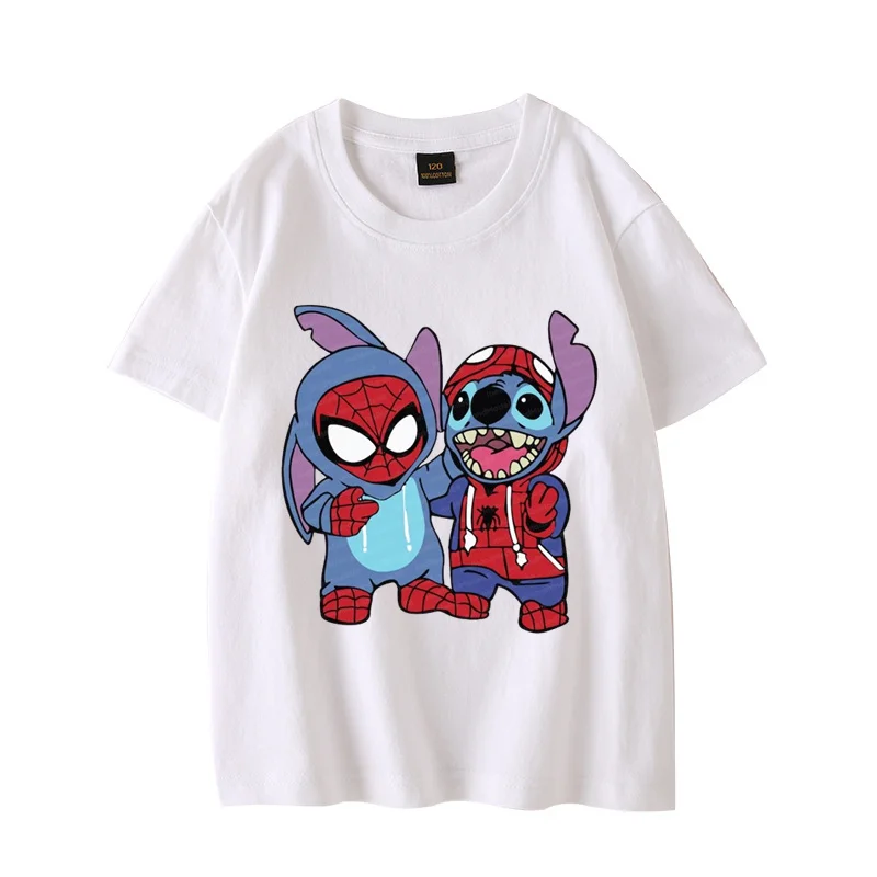 Camiseta de dibujos animados de Disney Stitch para niños, ropa cómoda y versátil de verano, 100% algodón, bonita e interesante, informal