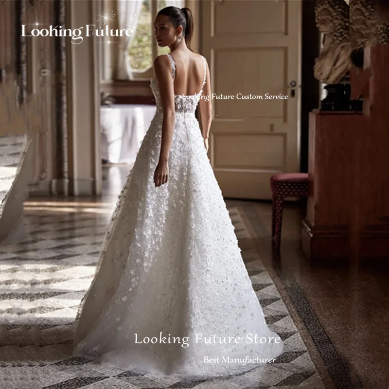 Exquisite Lace Wedding Dresses For Woman Sexy Illusion Square Collar Appliques Spaghetti Straple Bride Gown Dress High Side Slit