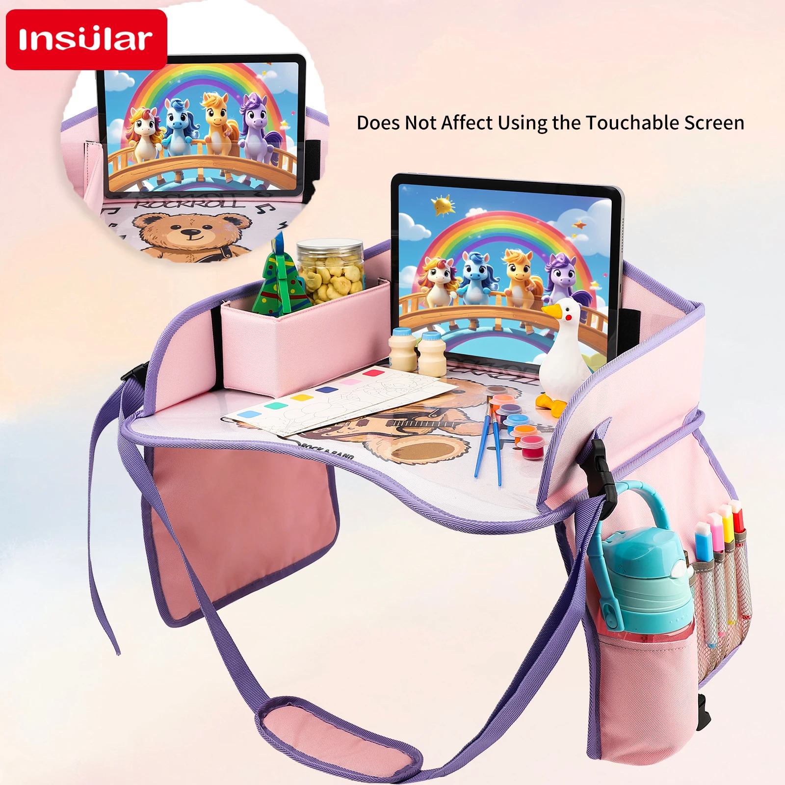 Bandeja de viagem para crianças, bolso de armazenamento, à prova d'água, placa de pintura de brinquedo, assento de segurança portátil, mesa dobrável, placa de pintura montada em veículo
