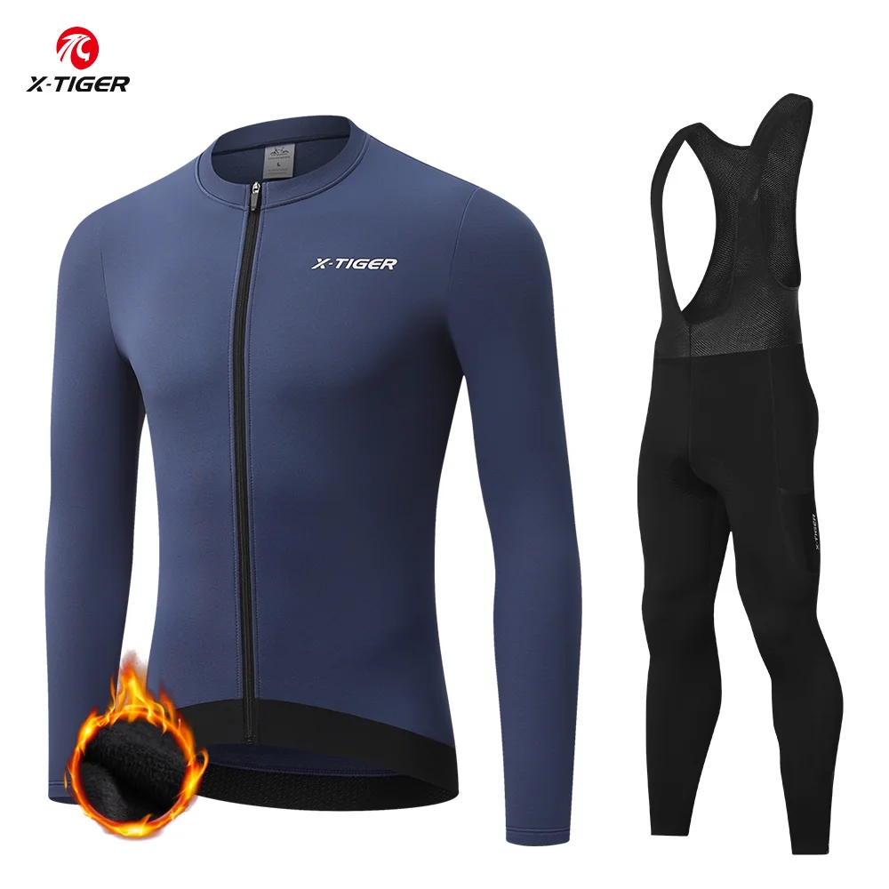 

X-TIGER Cycling Jersey Set Autumn Winter Cycling Jersey Bib Pants Set Men Long Sleeve Bicycle Set MTB Road Bike Clothing Suit