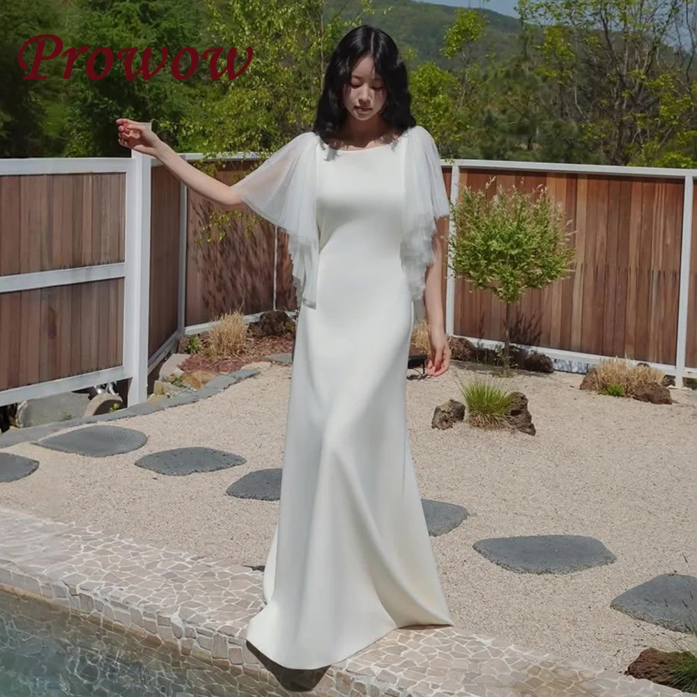 

Prowow Simple A Line Wedding Dresses Pleats Tulle Sleeves Bridal Gowns Customized Korea Photoshoot Gown Sexy Back Sweep Train