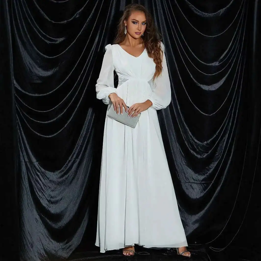 

Dress Women's Elegant Banquet V-neck Long Dress Evening Dress Waist Casual Vintage 2025 Summer Dress Robe Vestido Women Elegant