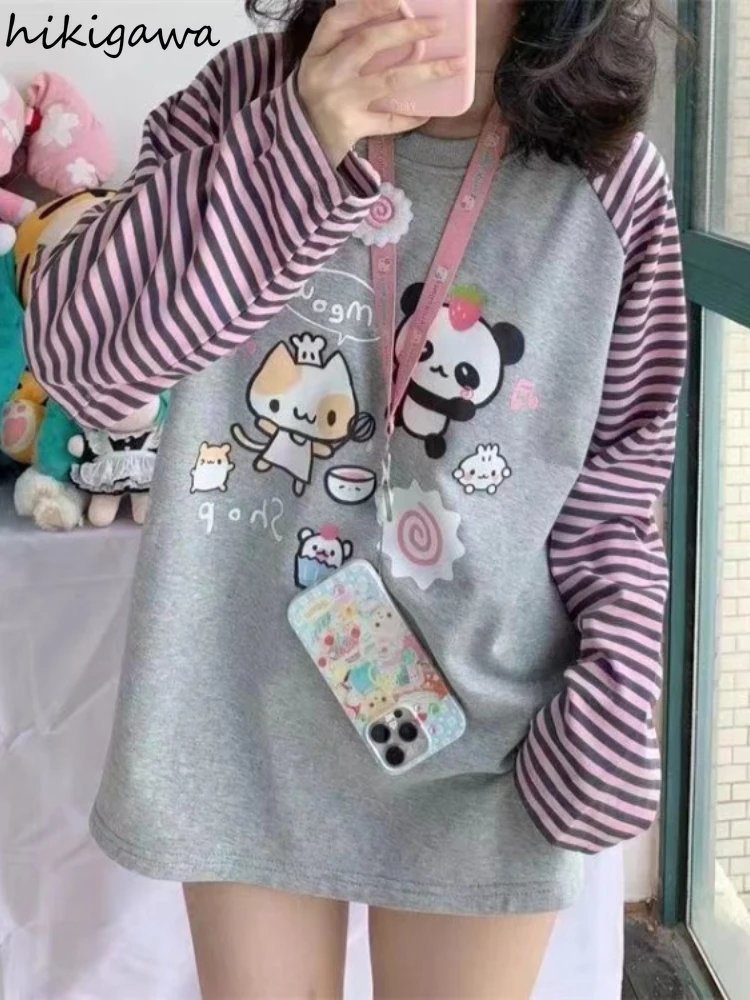 Cartoon Striped Tshirts 2024women Clothing Long Sleeve Contrast Color Camisetas Y2k Tops Casual Chic Cute Tees Japanese T-shirt