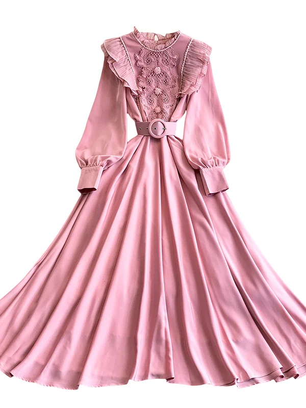 الرجعية الدانتيل الربط جولة Ne ثوب المرأة الخصر Cinching الحرير الساتان طويل الدكتور المحكمة Sle انتفض هيم ألف خط الكرة ثوب