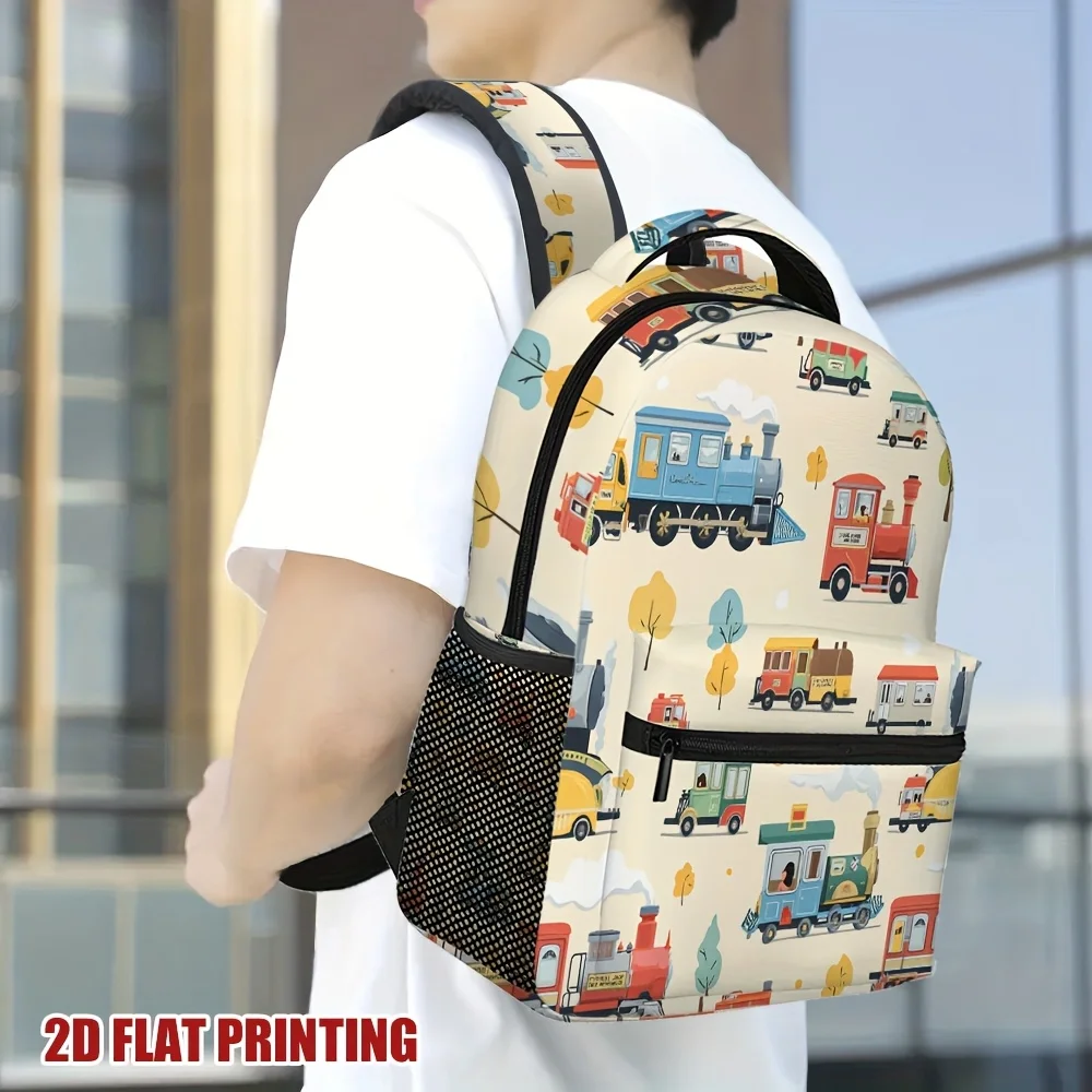 Cute Cartoon Train Print Kids Backpack Colorful Steam Engine Pattern School Bag Lightweight Casual Daypack