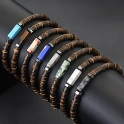 New Natural Coconut Husk Bracelet For Men Premium Tiger Eyes Black Flash Gemstone Stretch Beaded Braclet Yoga Wooden Braslet