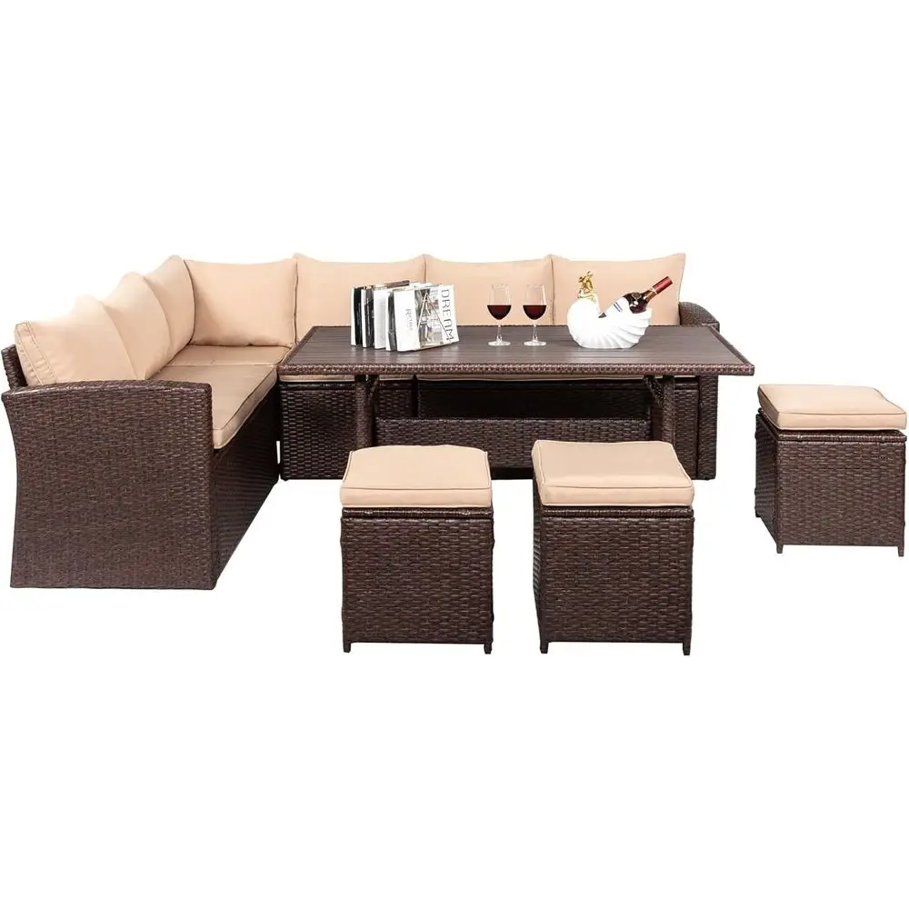 

8-Piece Outdoor Patio Furniture Set: Dining Table & Chairs, Wicker Dining Set, All-Weather Sectional Sofa with Ottoman