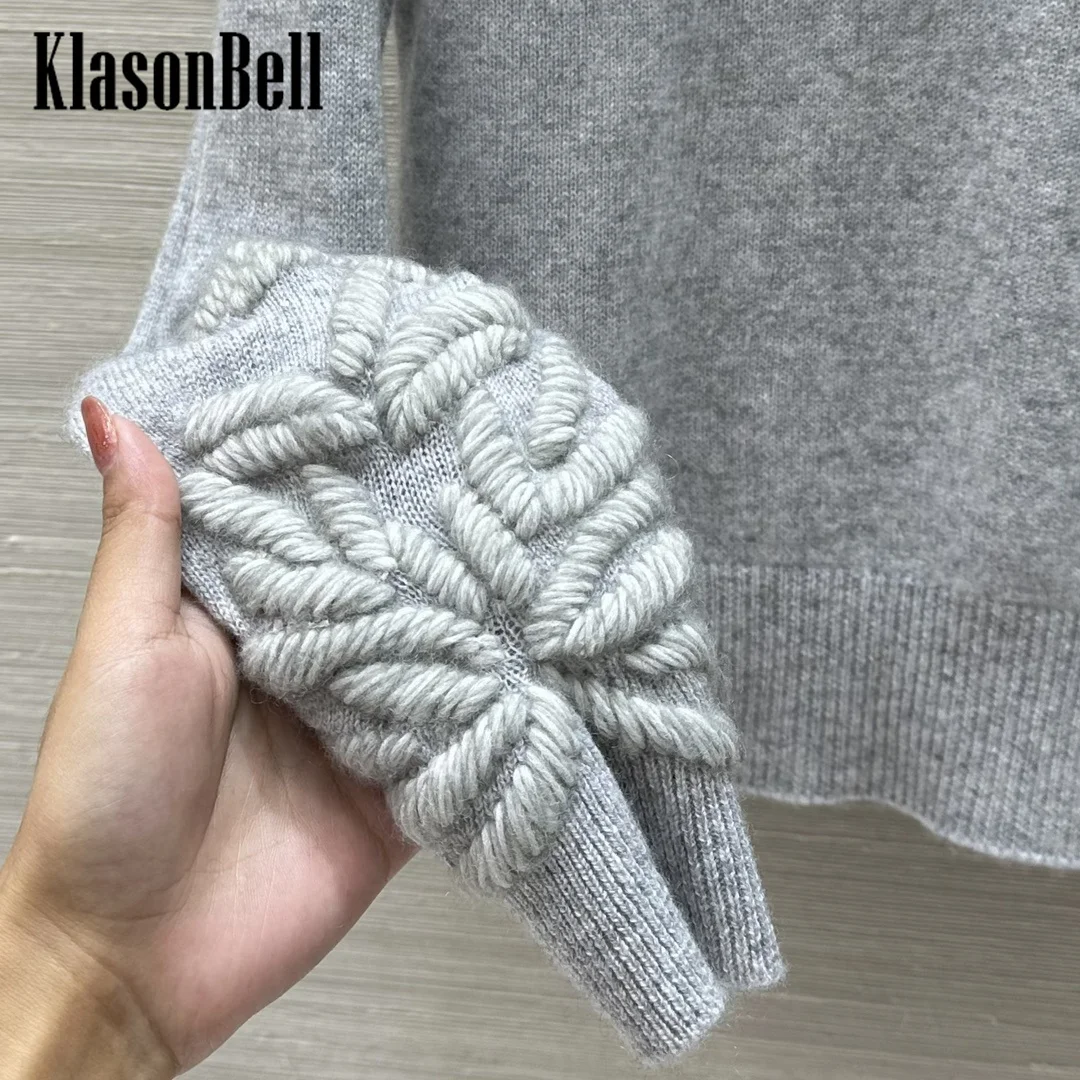 10.11 KlasonBell Women\'s Fashion Three-dimensional Hand Embroidery Jacquard Long Sleeve Knitwear V-Neck Cashmere Knit Sweater