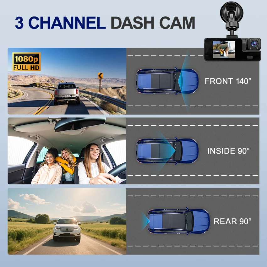 HD 1080P Car DVR Dash Cam with 3 Lens Wide Angle Night Vision G-Sensor Loop Recording for Front Inside and Rear Vehicle Camera