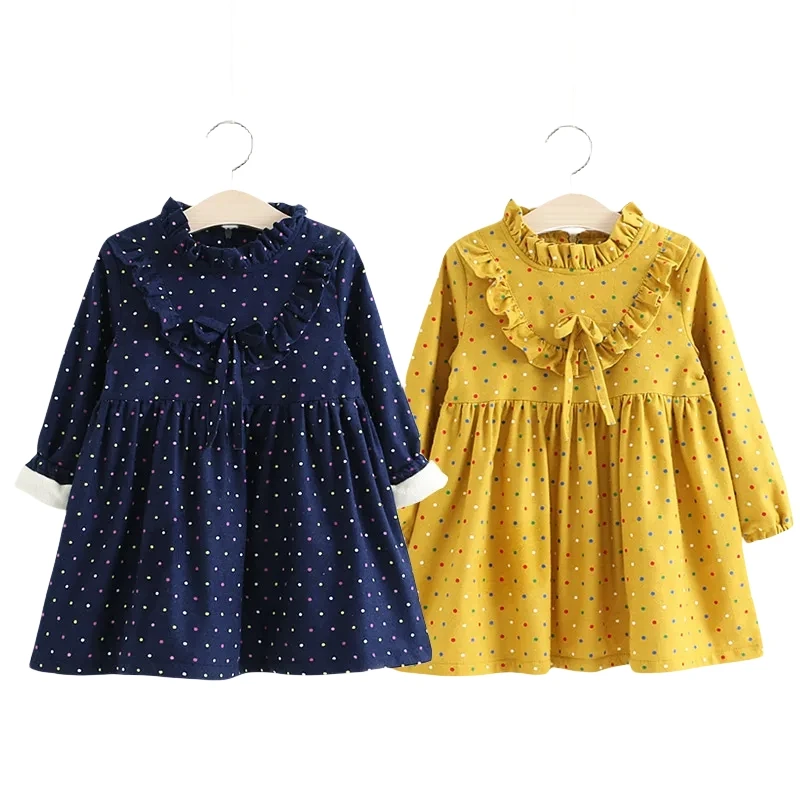 2023 Winter 2 3 4 6 8 10 Years Kids Crew-Neck Long Sleeve Dot Bow Thickening Plus Velvet Warm For Baby Girls Winter Dress