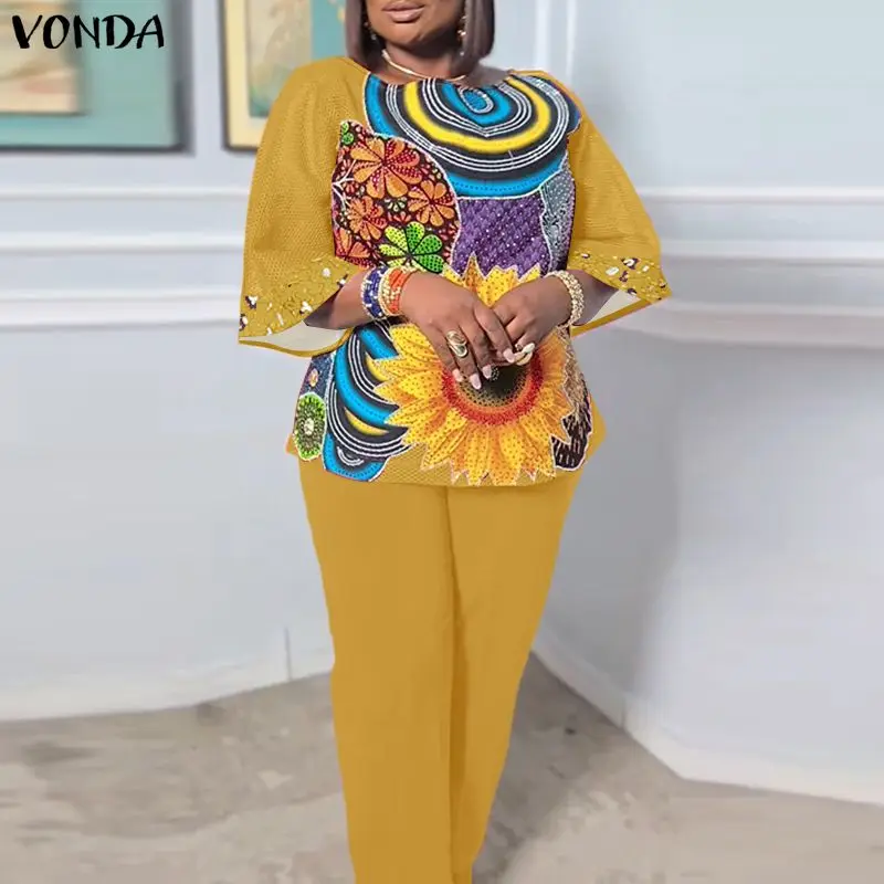 

Комплекты женских брючных костюмов VONDA больших размеров 5XL с принтом, лето 2026, повседневные комплекты с рукавом 3/4, свободные модные наряды из 2 предметов для вечеринок, 2 шт.