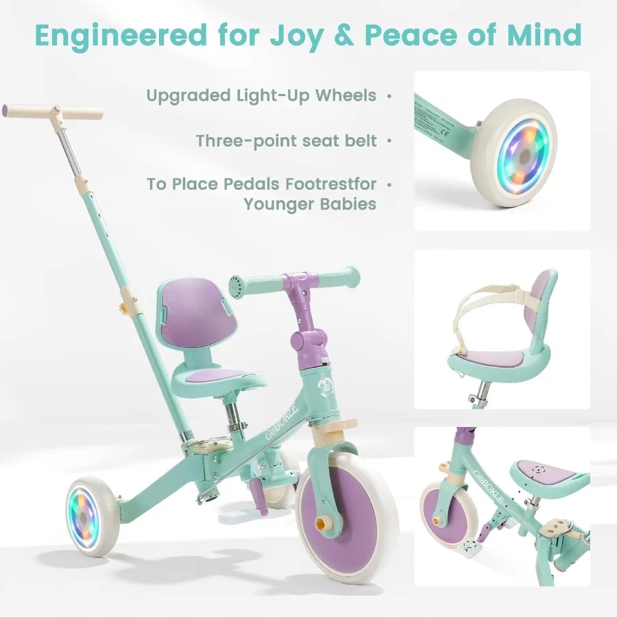 รถสามล้อเด็ก 5-in-1 สำหรับเด็กวัย 1-3 ปี แปลงเป็นจักรยานเด็กพร้อมที่จับสำหรับเข็นและถอดแป้นเหยียบได้ จักรยานทรงตัวพร้อมไฟหลากสี