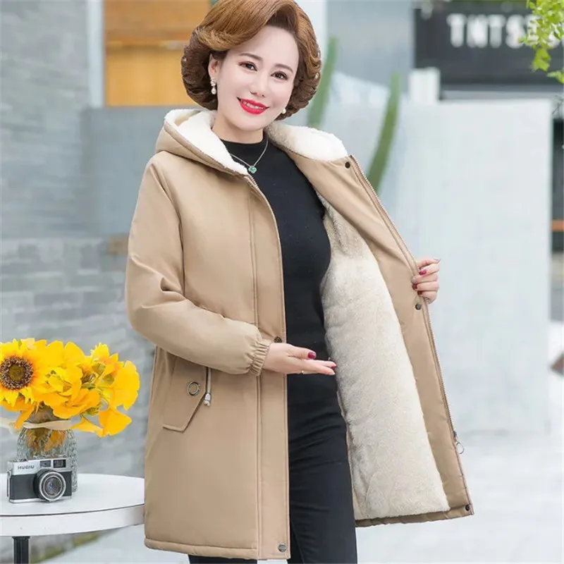 Winter Mid-Long Cotton Jacket Women 2023New Loose Hooded Coat Pure Colour Thicken Outerwear Fashion Pocket Parka Overcoat Female