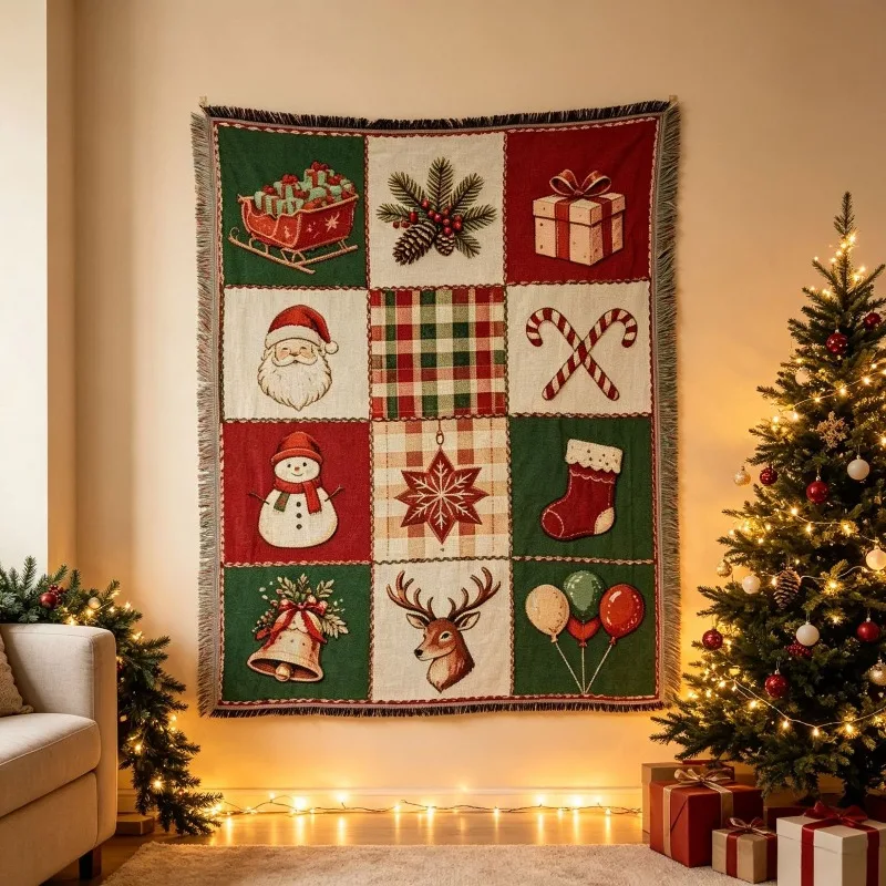 Christmas Jacquard Tassel Tapestry Home Sofa Throw Festive Decoration Blanket Home Decor Wall Hanging Tapestry