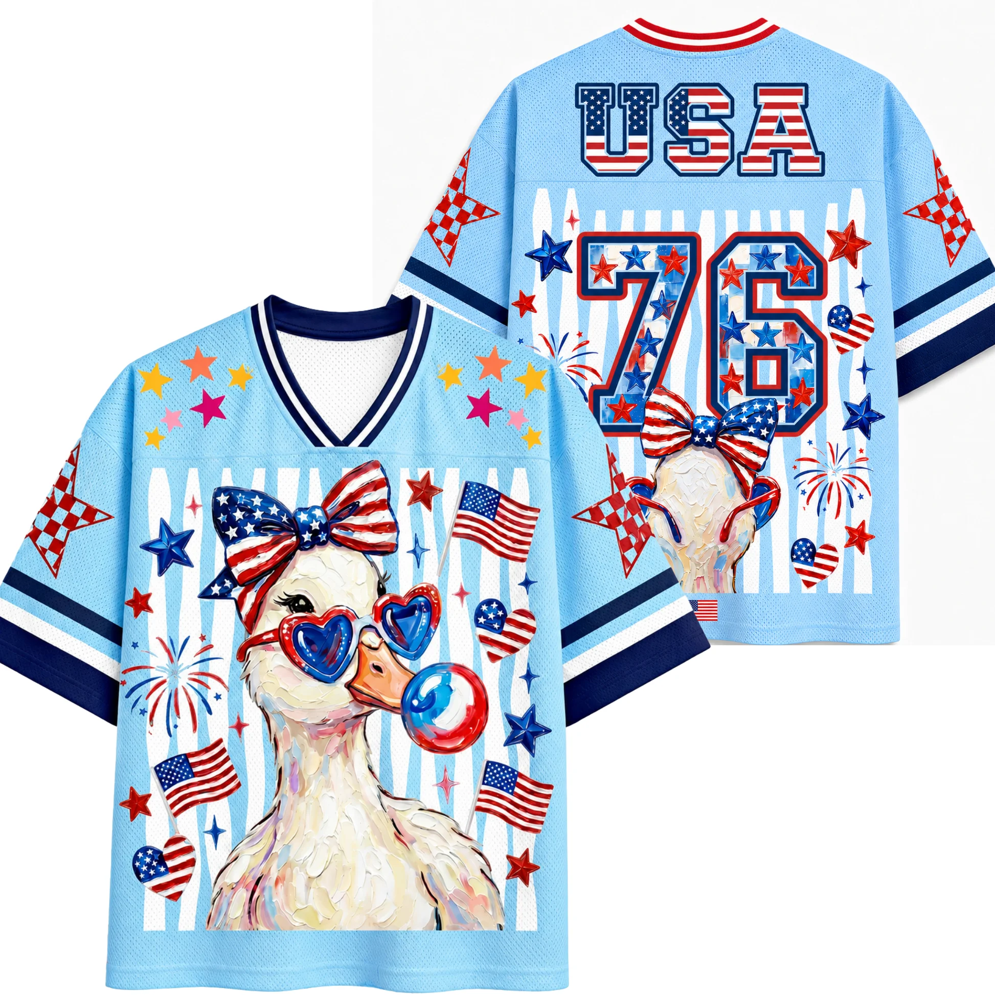 Independence Day Cute Duck American Flag Graphic Jersey V Neck Color Cuff Breathable Loose Holiday Casual Short Sleeve T Shirt