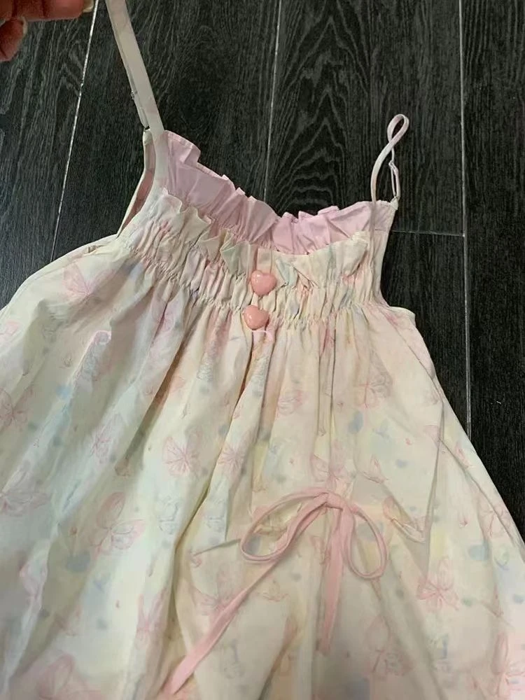 Japanese Sweet Cute Harajuku Pink Suspender Dress Women Summer Dress Kawaii Pleated Loose Aesthetic Dresses Retro Clothing Trend