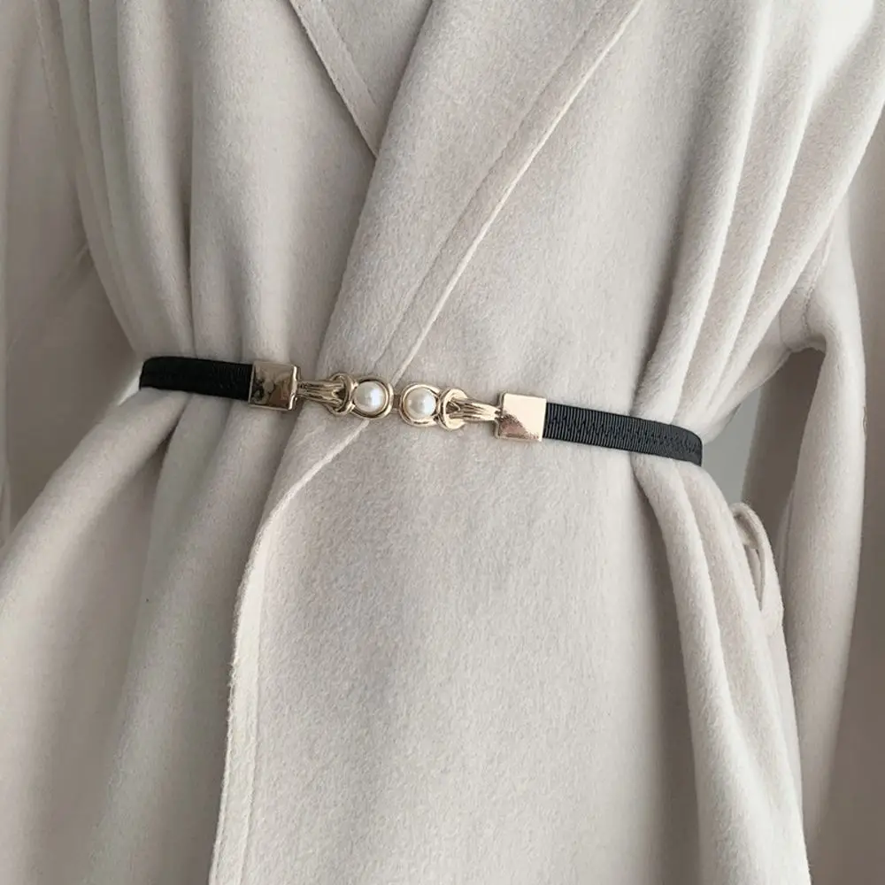 

Simple Vintage Double Pearl Metal Buckle Solid Color Knot Female Waist Strap Thin Waistband Leather Belt Dress Decoration
