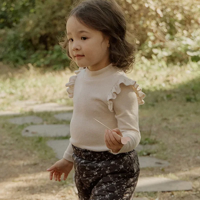 

2024 Spring New Korean Kids Girls Clothes Cute Flying Sleeves Bottom Top T Shirts