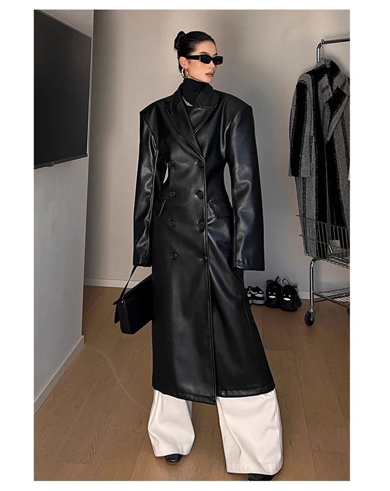 Nerazzurri Spring Autumn Luxury Long Black Fitted Pu Leather Trench Coat for Women Shoulder Pads Double Breasted Runway Fashion