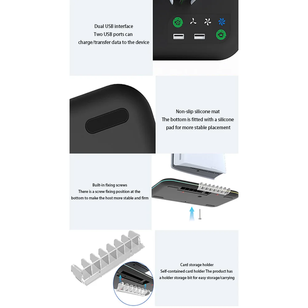 PS5 Slim Console Cooling Stand, Controlador, Suporte de carregamento com fone de ouvido, Gancho Fan, Luzes W/ RGB, Disco e Digital