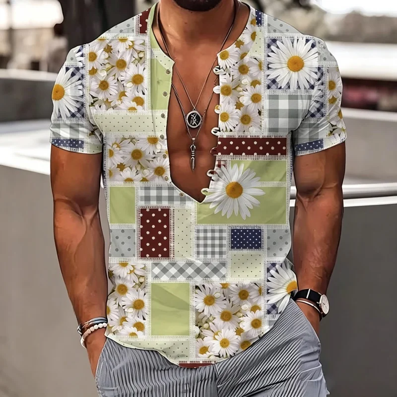 Men's shirt summer new personalized print Henry collar short sleeved loose vacation style men's shirt comfortable fabric XS-6XL