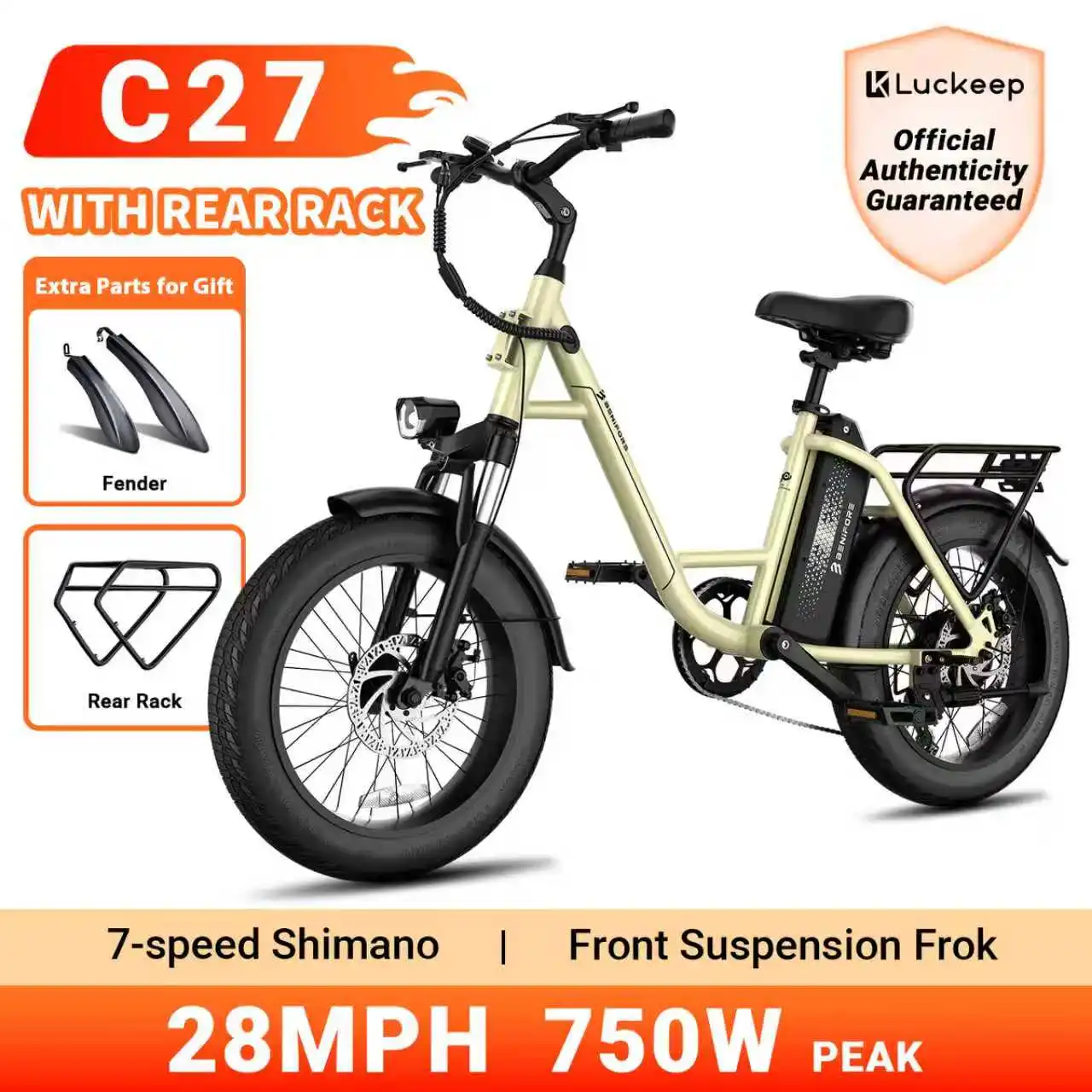 

Luckeep C27 Electric Bike for Adults 750W Peak, 28MPH Removable 624WH Battery Ebikes, 20" Fat Tire E-Bikes for Adults