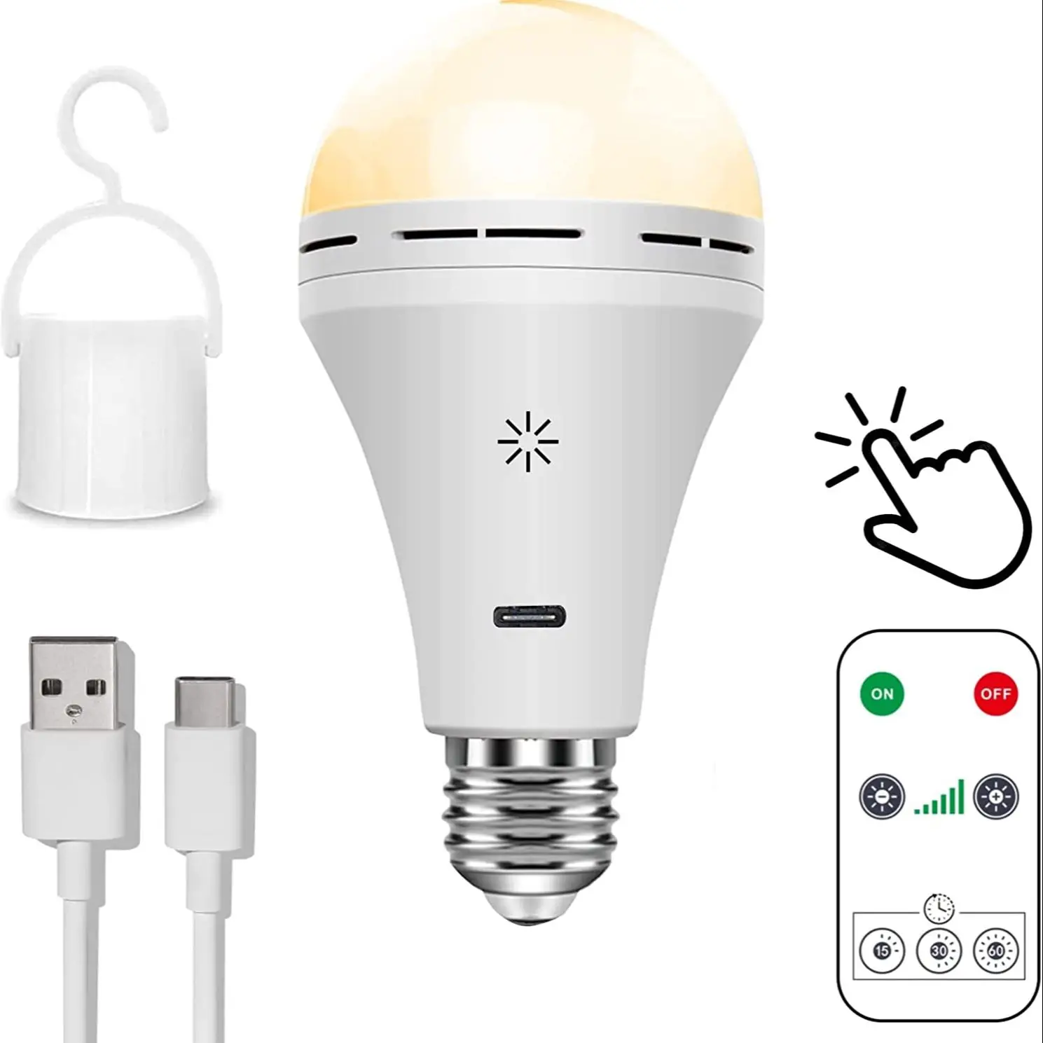 Bombilla LED recargable USB-C, bombilla con Control remoto, 5V, 7W, E27, batería inteligente, Control táctil, regulable, con temporizador