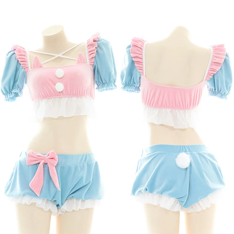

Kawaii Animal Maid Lingerie, Plush Two-Piece Set with Tail, Flirty Role Play Pajamas Color Blocking for Cosplay Enthusiasts