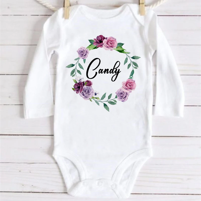 Personalised Baby Bodysuits Custom Wreath with Name Wreath Girls Clothes Infant Shower Gifts Newborn Toddler Jumpsuits Outfits