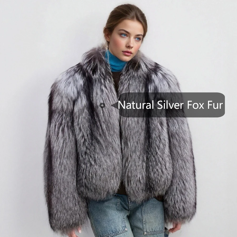 معطف فرو الثعلب الحقيقي للنساء معاطف فرو الثعلب الفضي الطبيعي بالكامل مع ياقة من الفرو الجلدي ملابس خارجية من الفرو الأصلي عالي الجودة