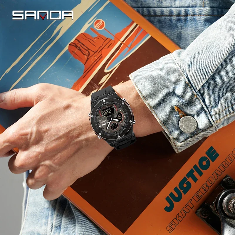 SANDA Fashion Youth Men's Watches Luxury Alloy Case Multifunctional Waterproof Watch Double Display Calendar Week Student Watch