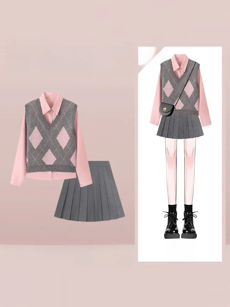 

Pink Knitted Vest Women's Autumn Winter Sweater Layering College Sle Pleated Skirt Jk orm Diamond Patterned Vest