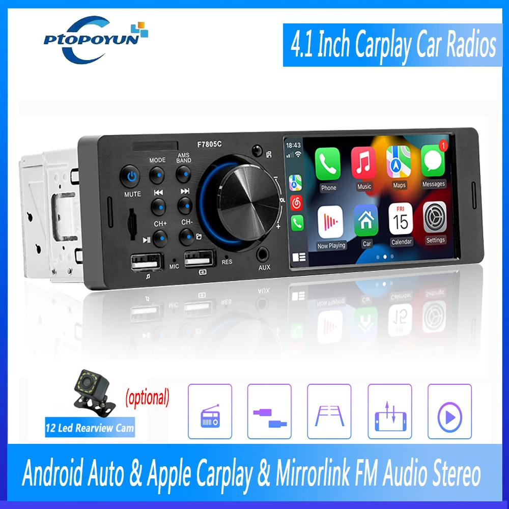 

Ptopoyun Bluetooth Autoradio Carplay Car Radio 1 din Android Auto Audio Stereo Receiver Automotive Multimedia Player Head Unit