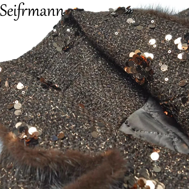 Seifrmann 2026 ربيع المرأة الجديدة المألوف طوق كم طويل بريق صف مزدوج مشبك الخصر كليب القطن معطف سميك