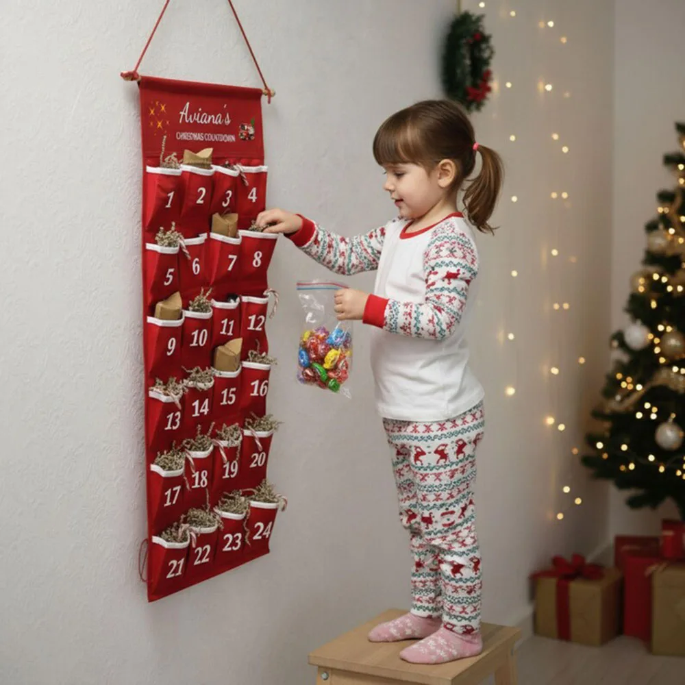 Custom Holiday Countdown Calendar Hanging Bag Canvas 24 Pocket Gift Organizer For Kids Christmas Gift Bag Home Wall Decoration