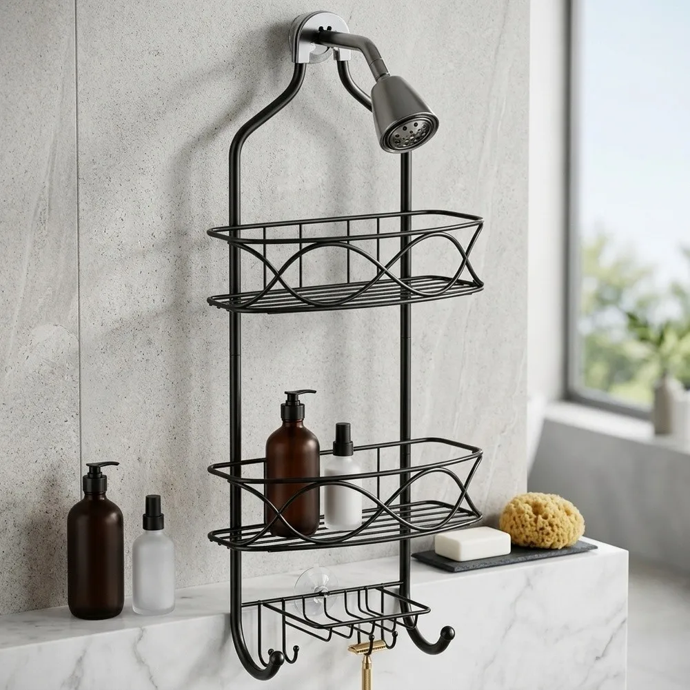 Over-Shower-Head 3-Tier Metal Shower Rack with Ten Hooks and Built-in Soap Holder for Vertical Toiletry Organization