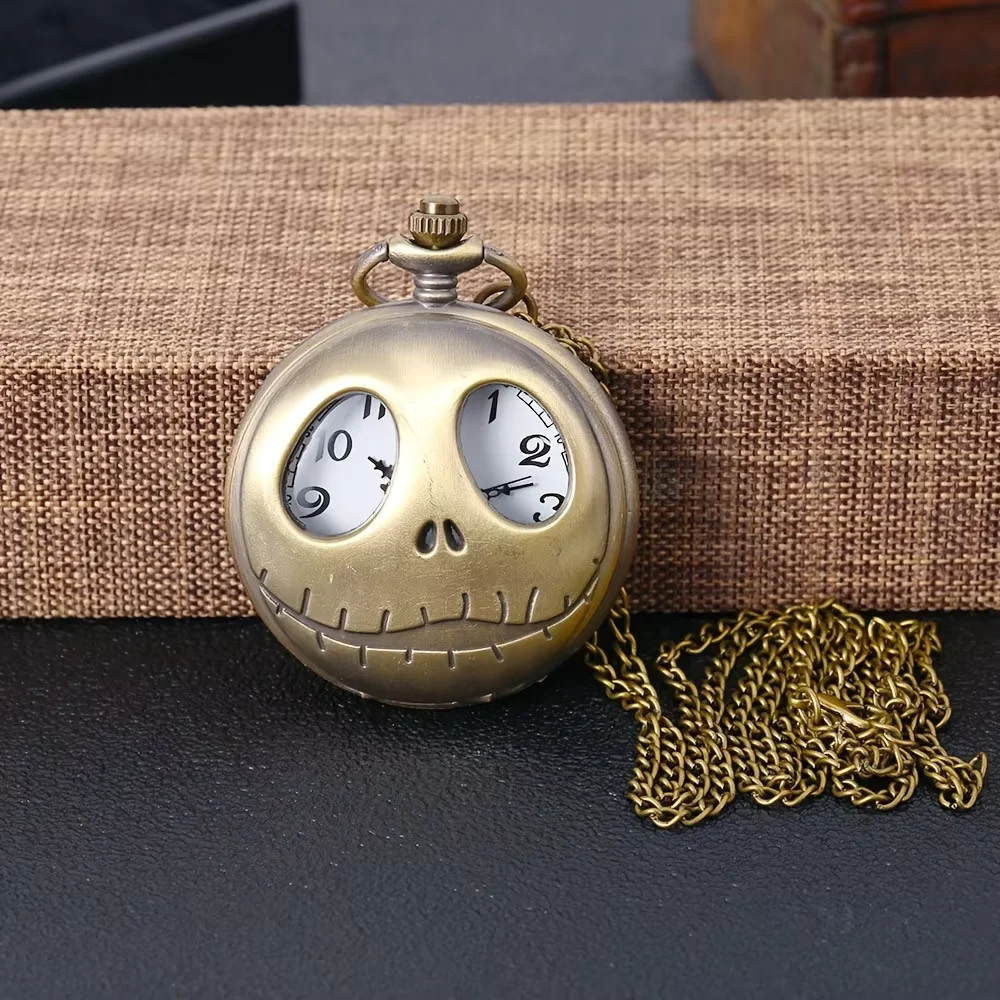 ساعة جيب كوارتز على شكل جمجمة المهرج ذات عيون كبيرة مع سلسلة قلادة، ساعة جيب عتيقة، ساعة قلادة إبداعية