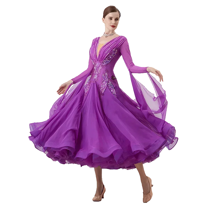 

Luxury Sharon Happy Dresses Dance Rhinestone Diversity Dress Purple Ballroom National Standard Waltz Competition Performance