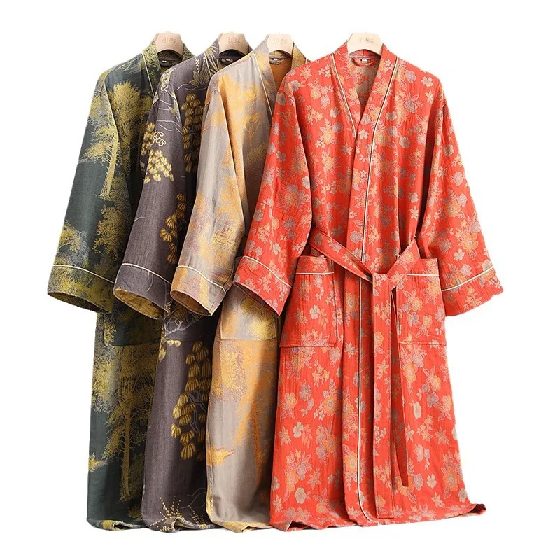 100% Cotton Double-deck Gauze Kimono Robes Couples 2024 New Women And Men V Neck Bathrobe Nightgown Print Female Home Clothes