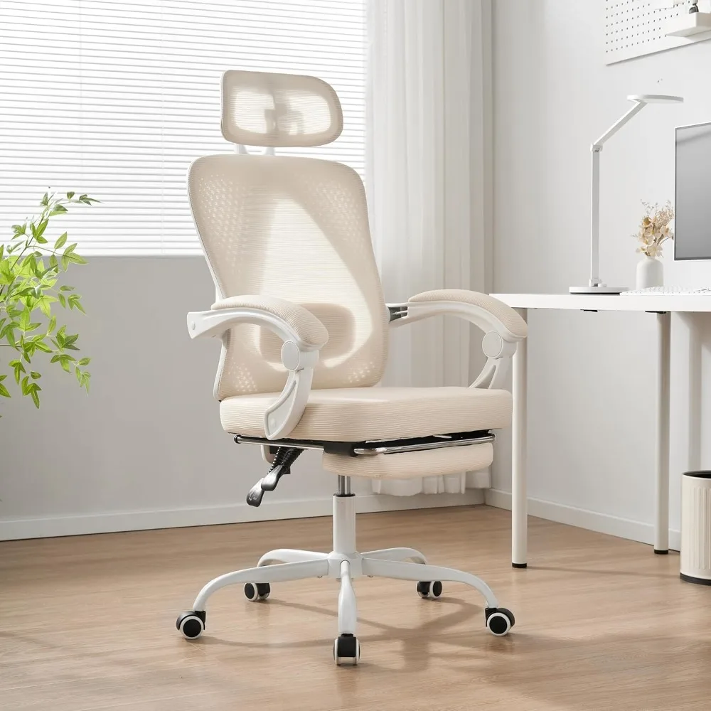 

Ergonomic Office Chair, Adjustable Lumbar Support, 400LBS Capacity, White Computer Chair with Retractable Footrest