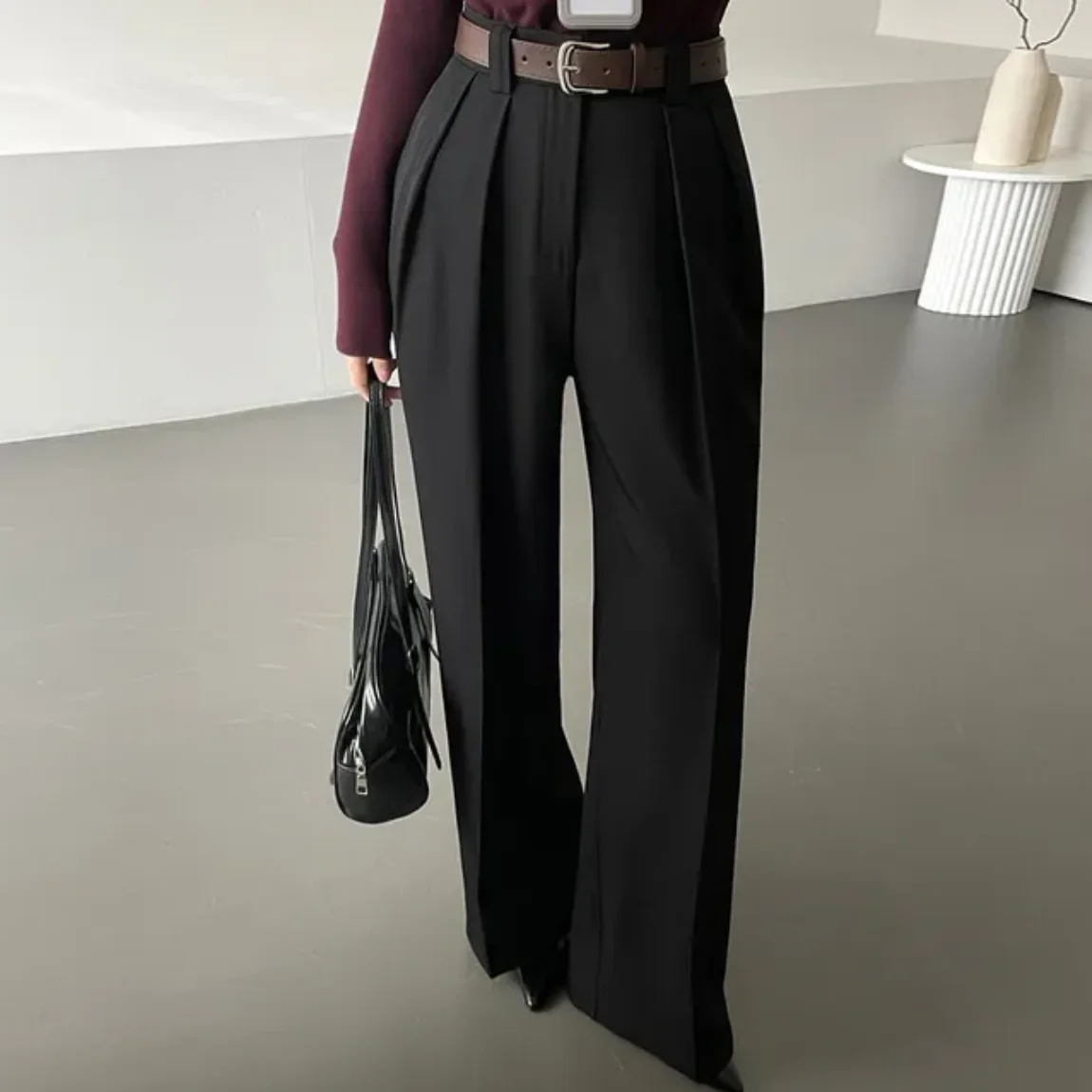 High Waist Draped Design Wide Leg Floor Length Casual Pants Korean Style Standard Body Polyester Long Trousers for Ladies