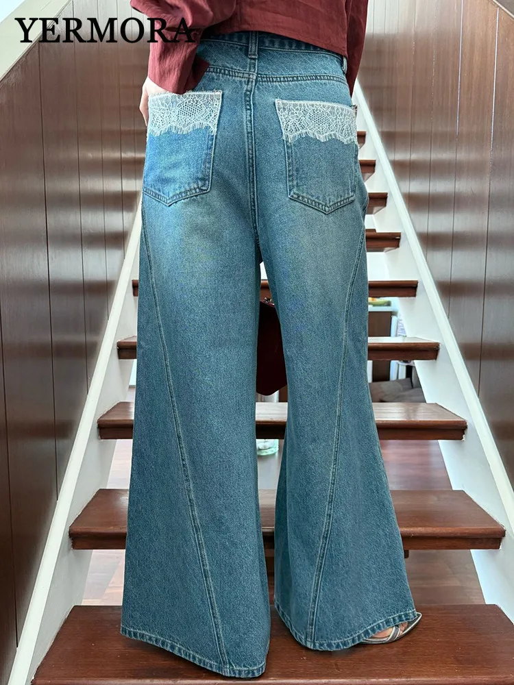 

YERMORA Blue Pocket Spliced Lace Buckle Casual Wide Leg Jeans For Women Fashion Tide New Trousers Spring Autumn 2025 A696
